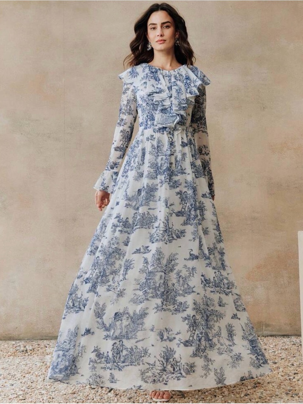 Blue Toile Ruffled Maxi Dress with Long Sleeves